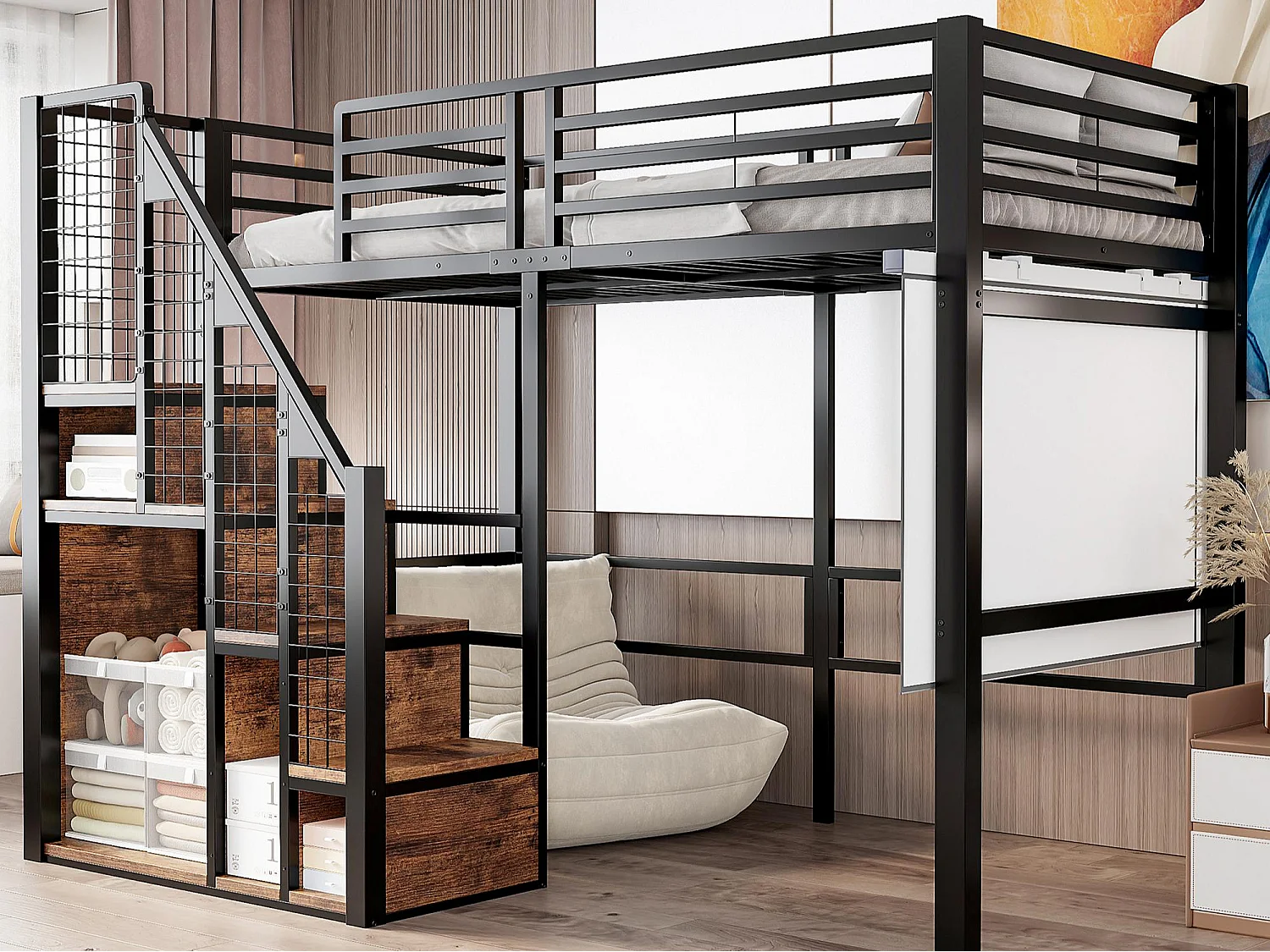 Lit mezzanine pour enfant 90x200cm - avec échelle de sécurité et rangements - Noir