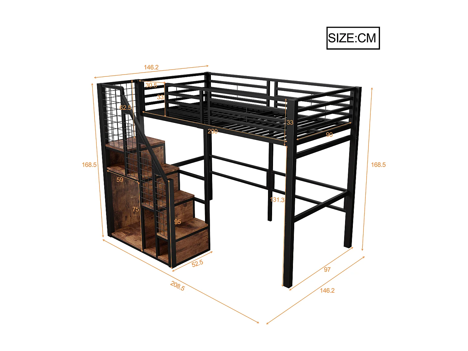 Lit mezzanine pour enfant 90x200cm - avec échelle de sécurité et rangements - Noir