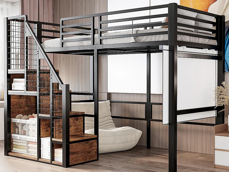 Lit mezzanine pour enfant 90x200cm - avec échelle de sécurité et rangements - Noir