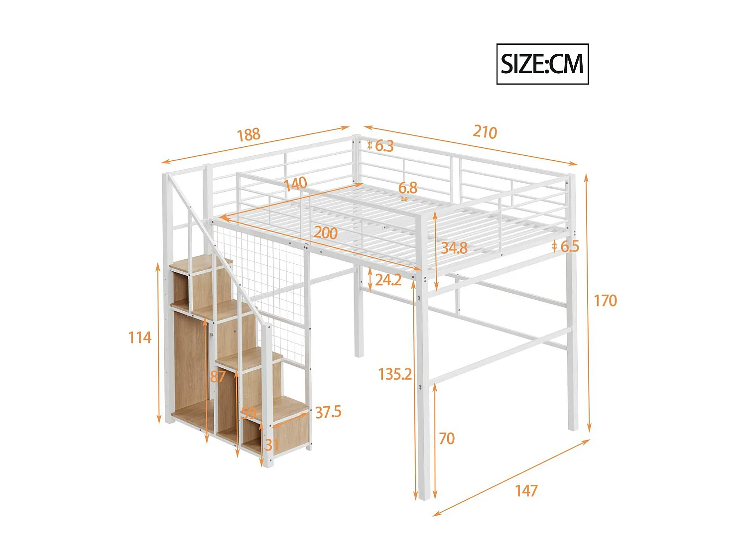 Lit mezzanine pour enfant 140x200cm - avec échelle de sécurité et rangements - Blanc