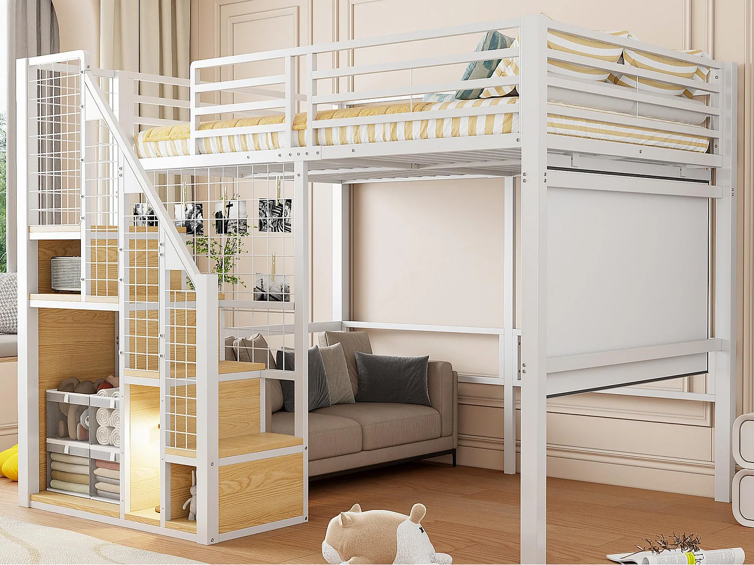 Letto a soppalco per bambini 140x200 cm - con scala di sicurezza e contenitore - Bianco