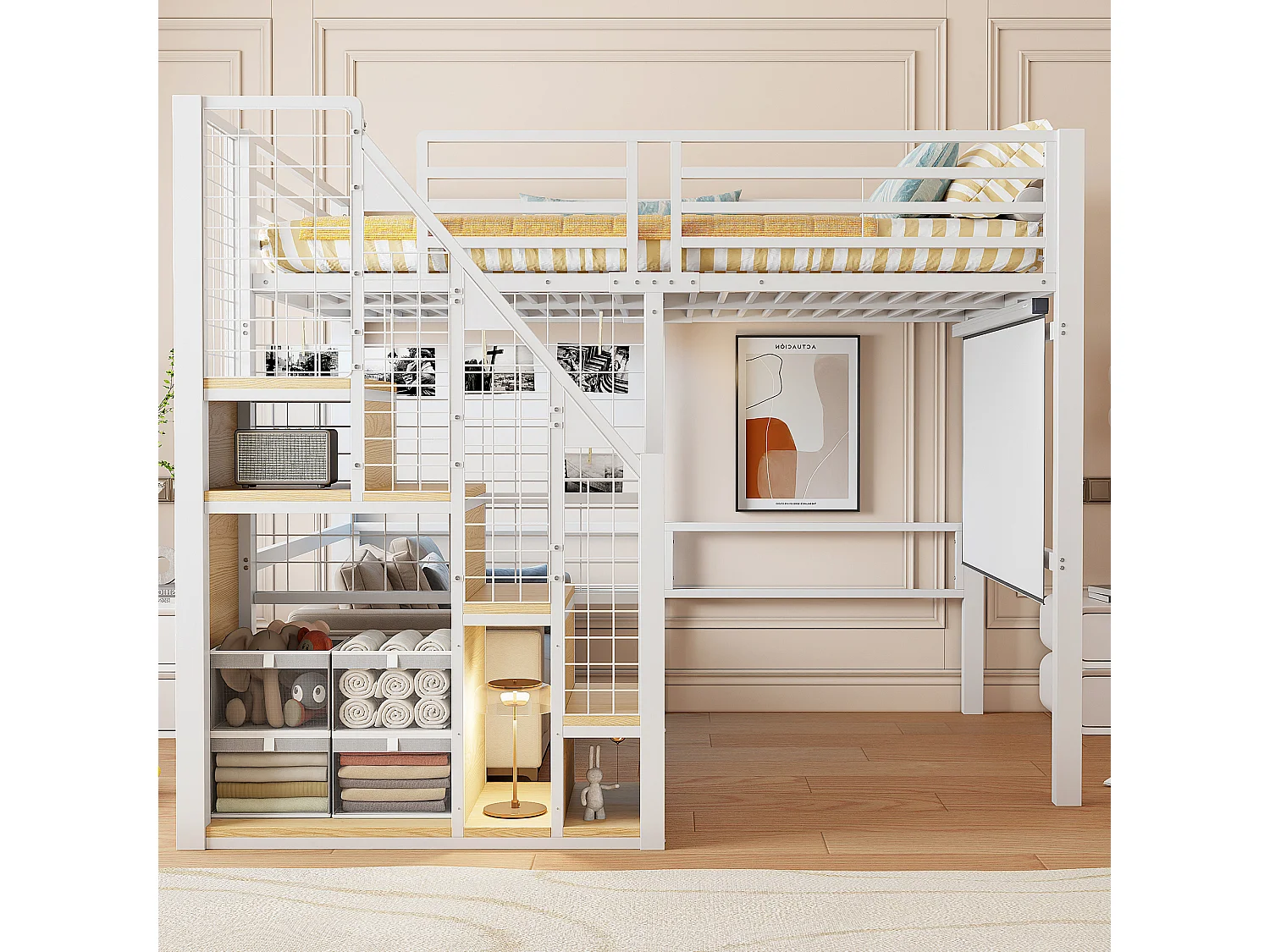 Letto a soppalco per bambini 140x200 cm - con scala di sicurezza e contenitore - Bianco