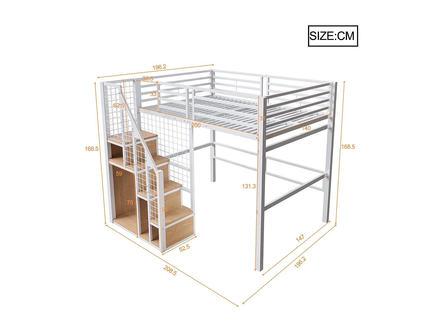 Letto a soppalco per bambini 140x200 cm - con scala di sicurezza e contenitore - Bianco