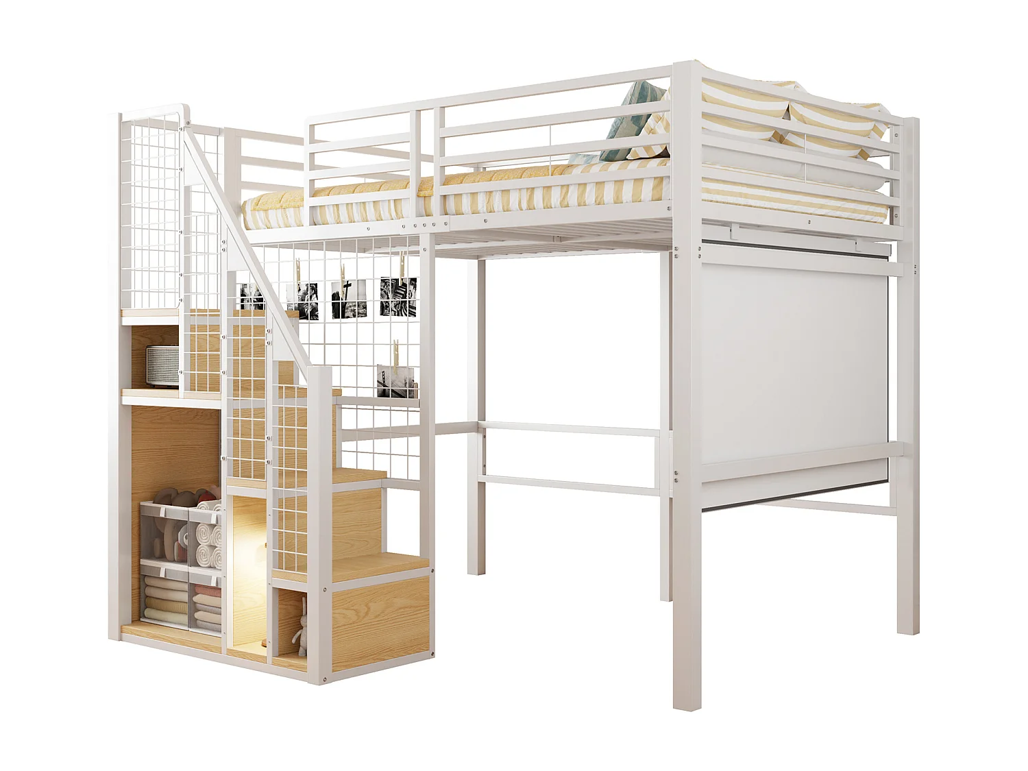 Letto a soppalco per bambini 140x200 cm - con scala di sicurezza e contenitore - Bianco