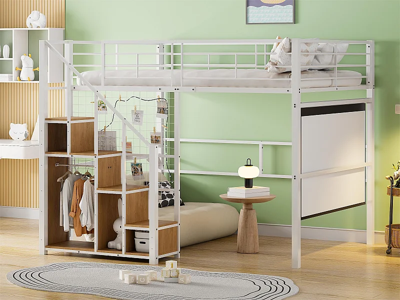 Lit mezzanine pour enfant 140x200cm - avec échelle de sécurité et rangements - Blanc