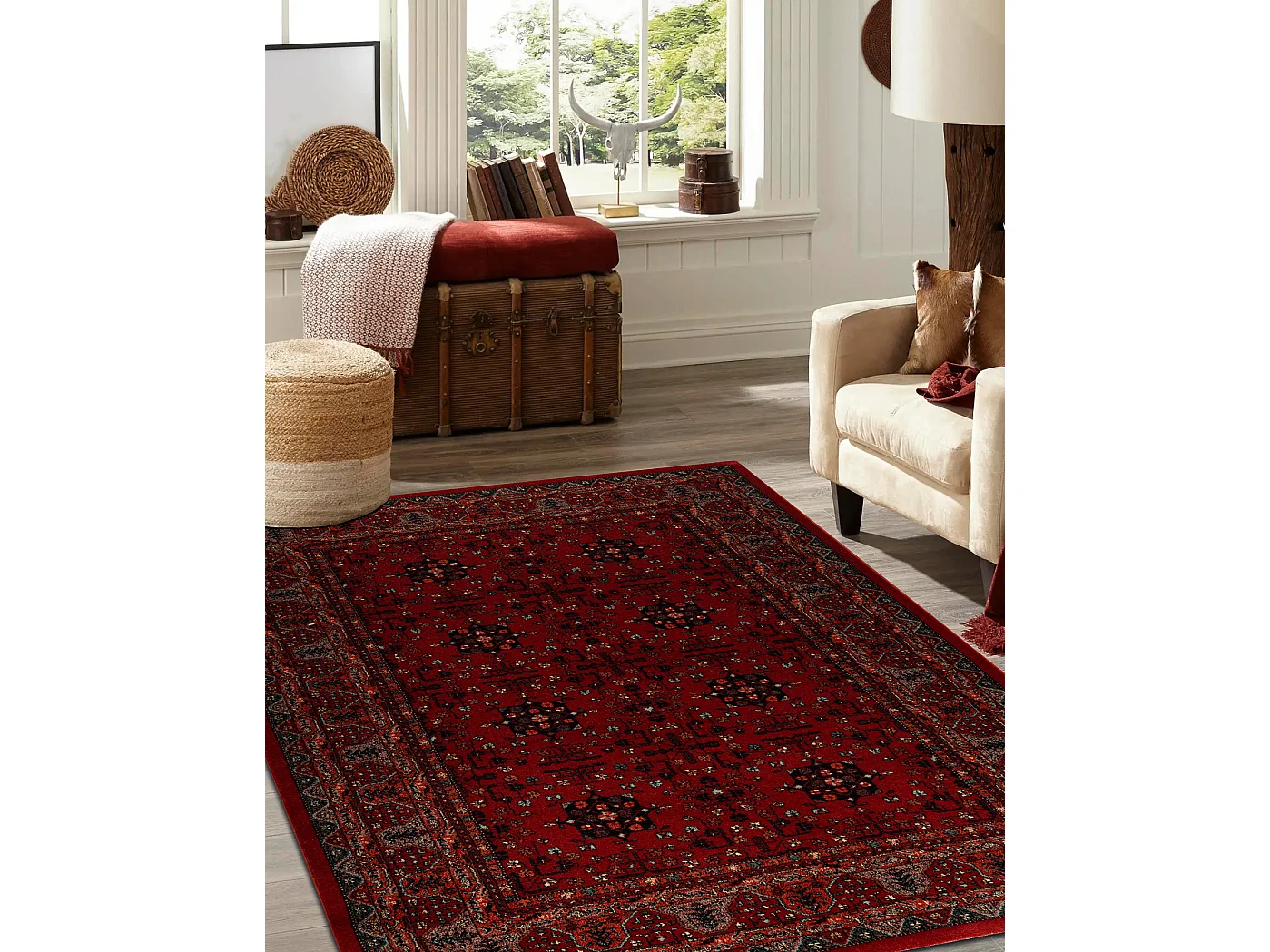 Tapis en laine KASHQAI 4302 300 Fleurs, cadre bordeaux 80x160 cm
