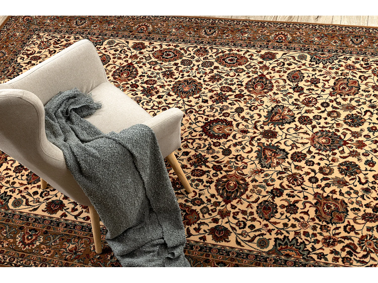 Tapis en laine KASHQAI 4362 103 Fleurs, cadre beige / bordeaux 160x240 cm