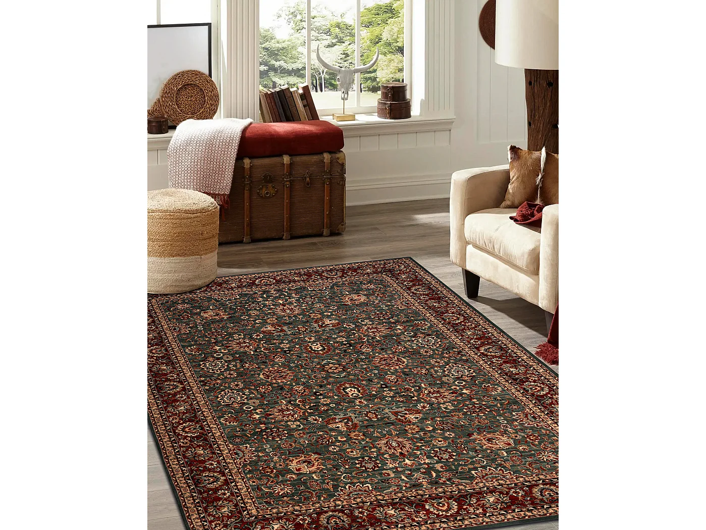 Wollen tapijt KASHQAI 4362 400 ornament groen / bordeaux rode kleur 80x160 cm