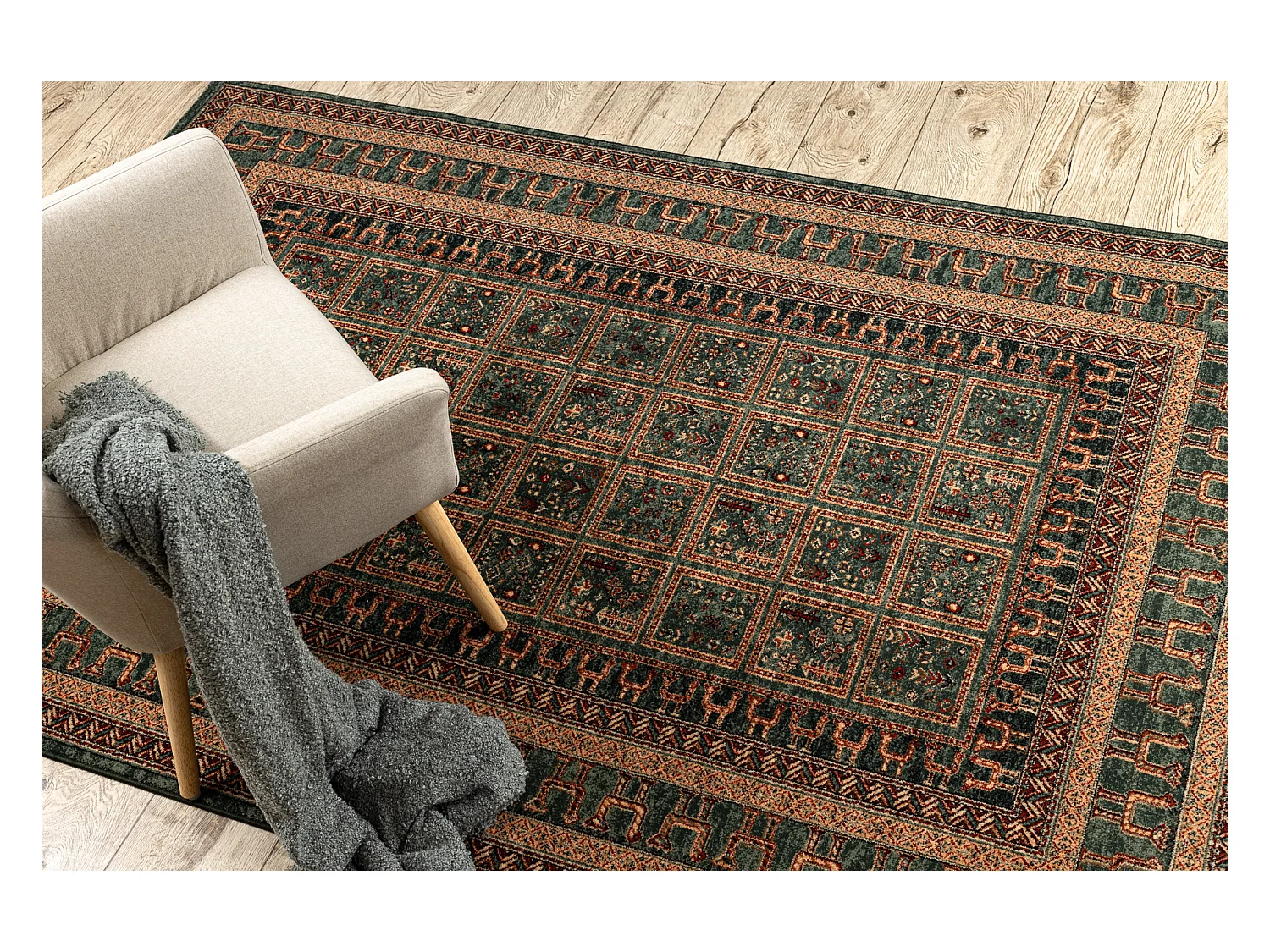 Tapis en laine KASHQAI 4349 400 oriental, cadre vert 200x300 cm