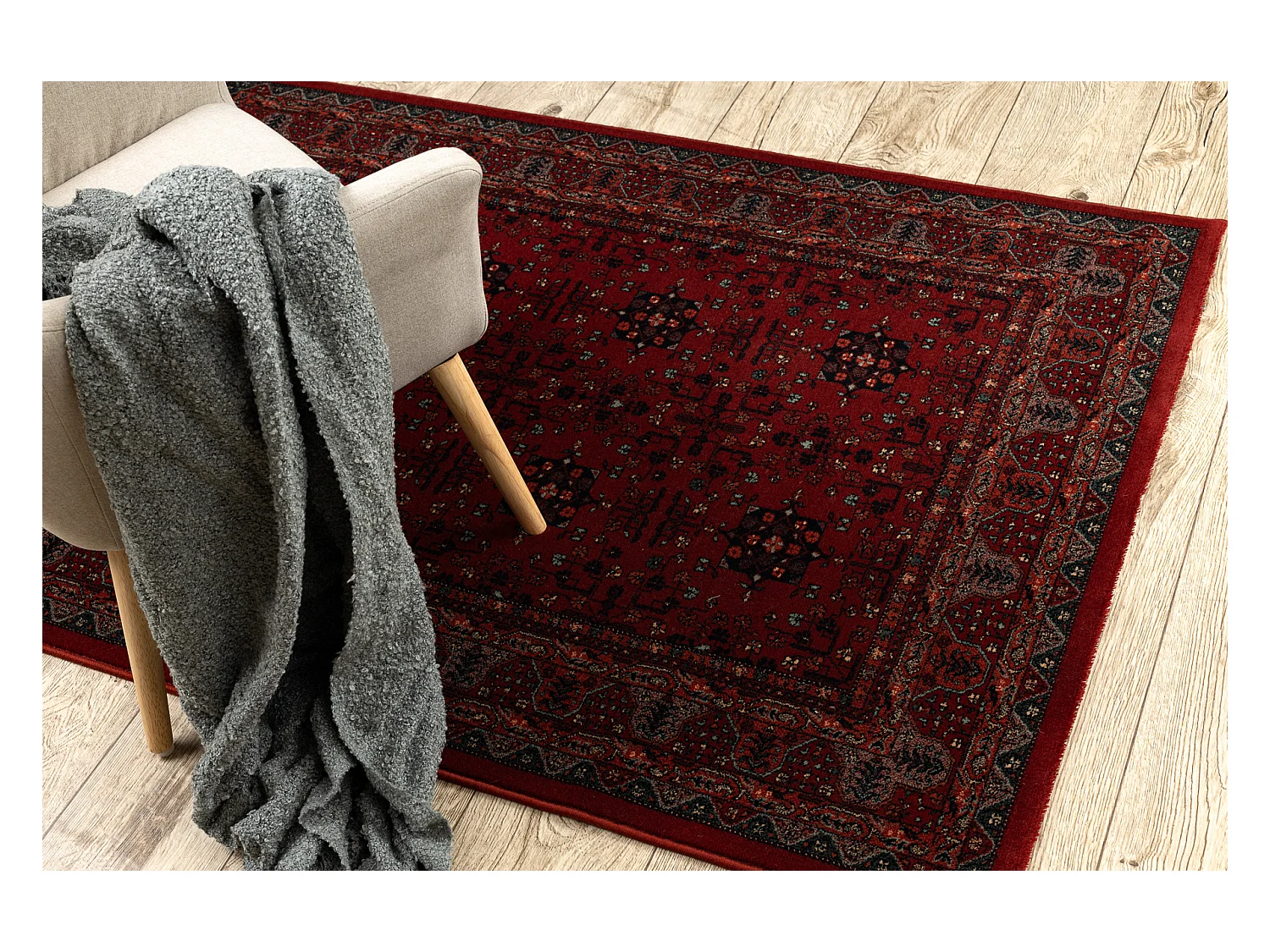 Wollteppich KASHQAI 4302 300 Blumen, Rahmen rotwein  67x130 cm