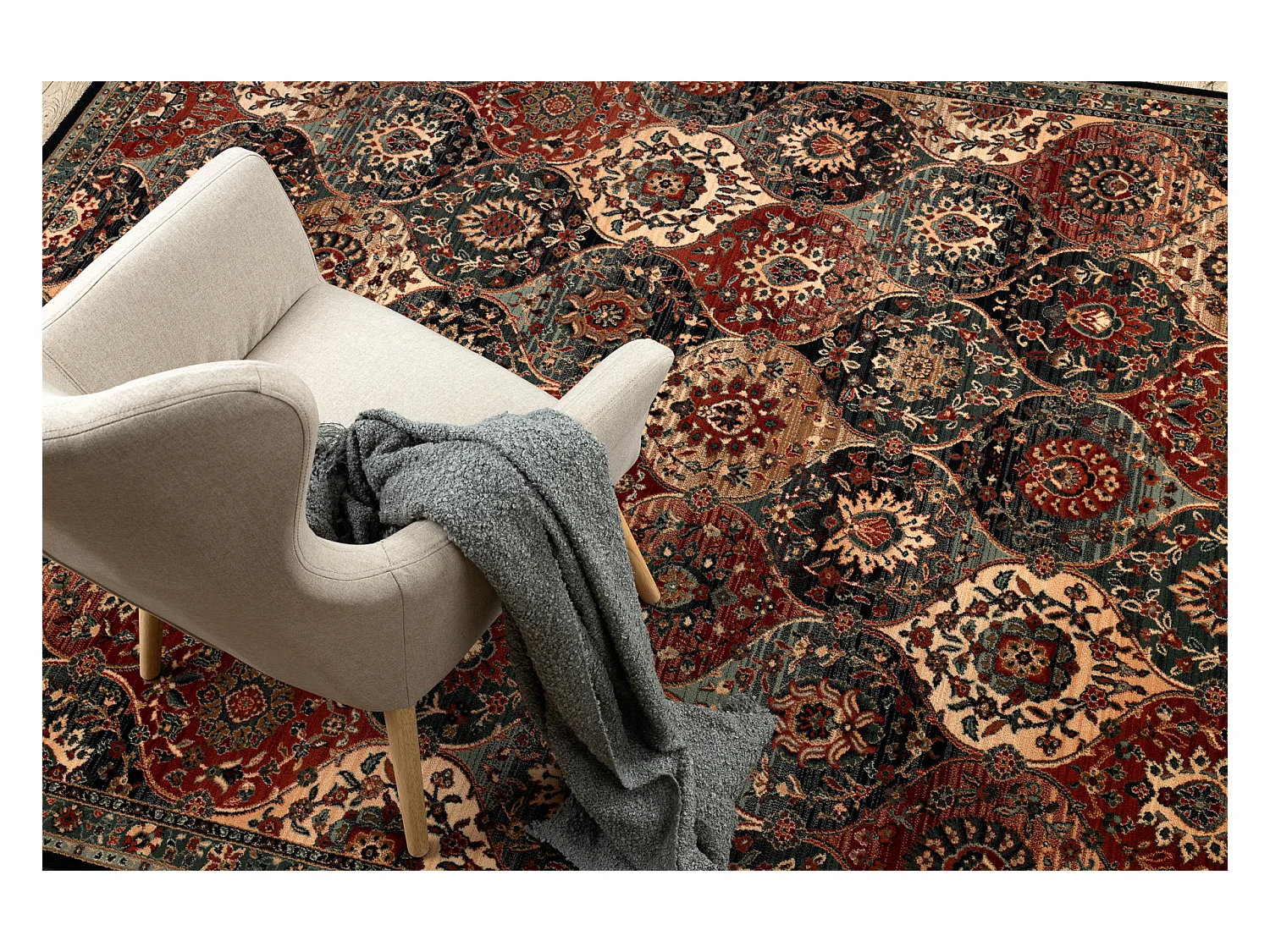 Dywan wełniany KASHQAI 4373 500 orientalny, koniczyna zielony / bordo 160x240 cm