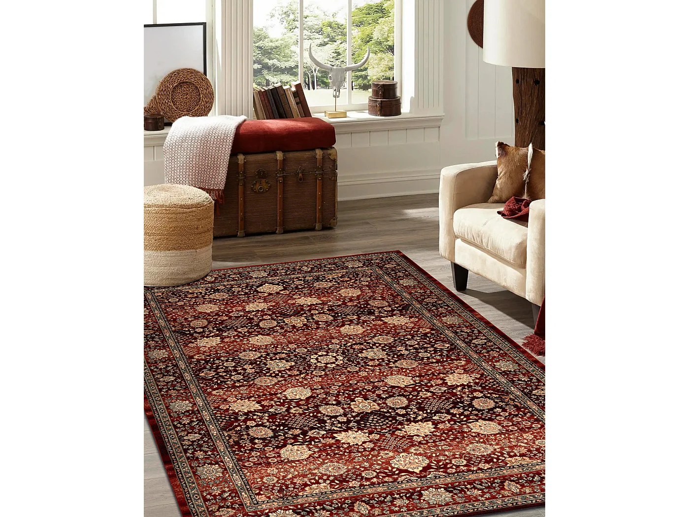 Wollen tapijt KASHQAI 4365 300 Bloemen, kader bordeaux rode kleur / be 160x240 cm