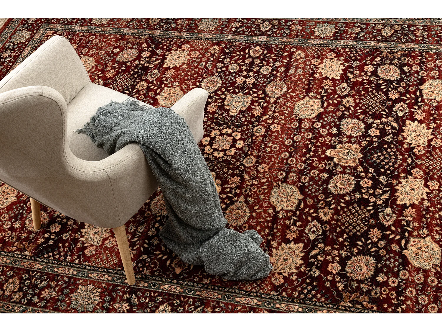 Wollen tapijt KASHQAI 4365 300 Bloemen, kader bordeaux rode kleur / be 160x240 cm