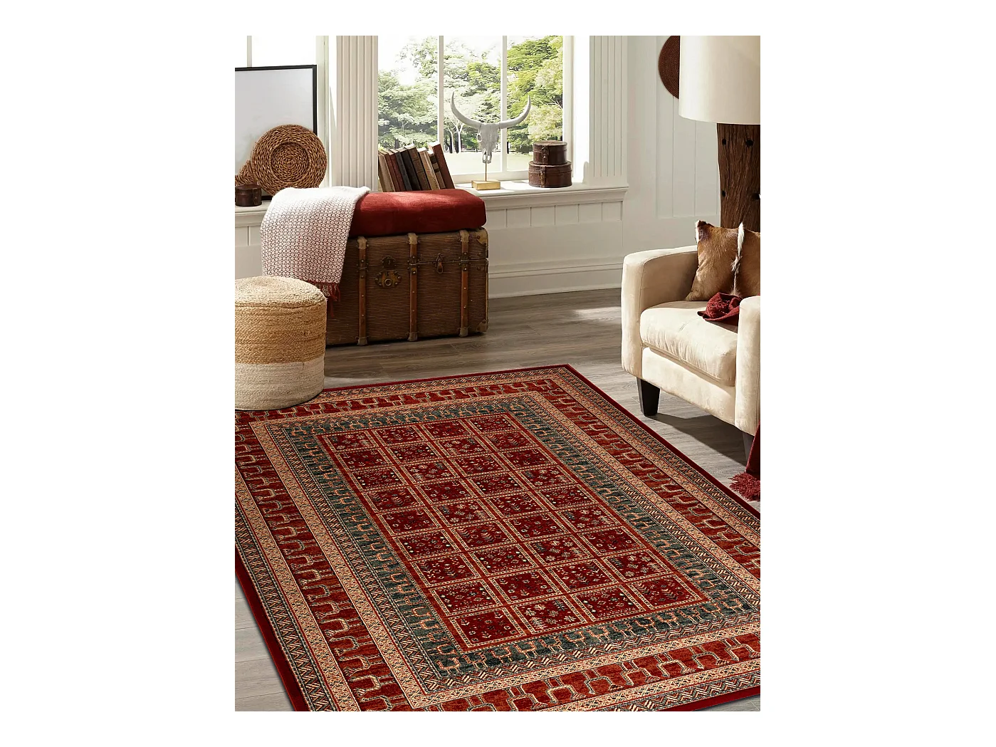 Wollen tapijt KASHQAI 4349 300 oosters, kader terracotta / groen 120x170 cm