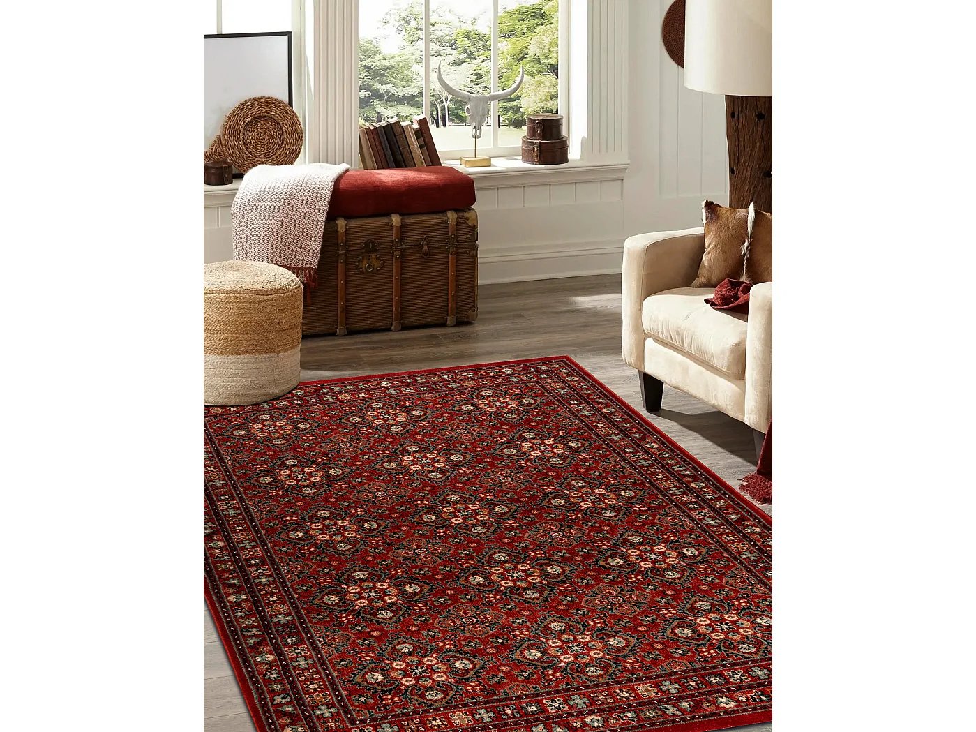 Wollen tapijt KASHQAI 4372 300 Bloemen, kader rode kleur 120x170 cm