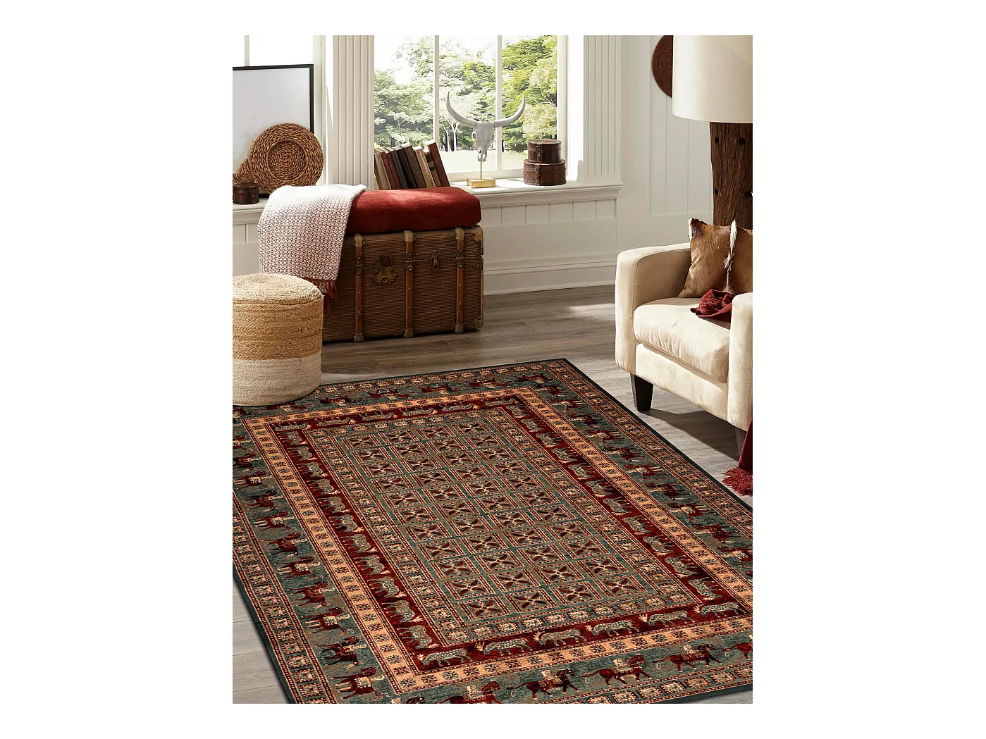 Tapis en laine KASHQAI 4301 401 oriental, cadre vert / terre cuite 200x300 cm