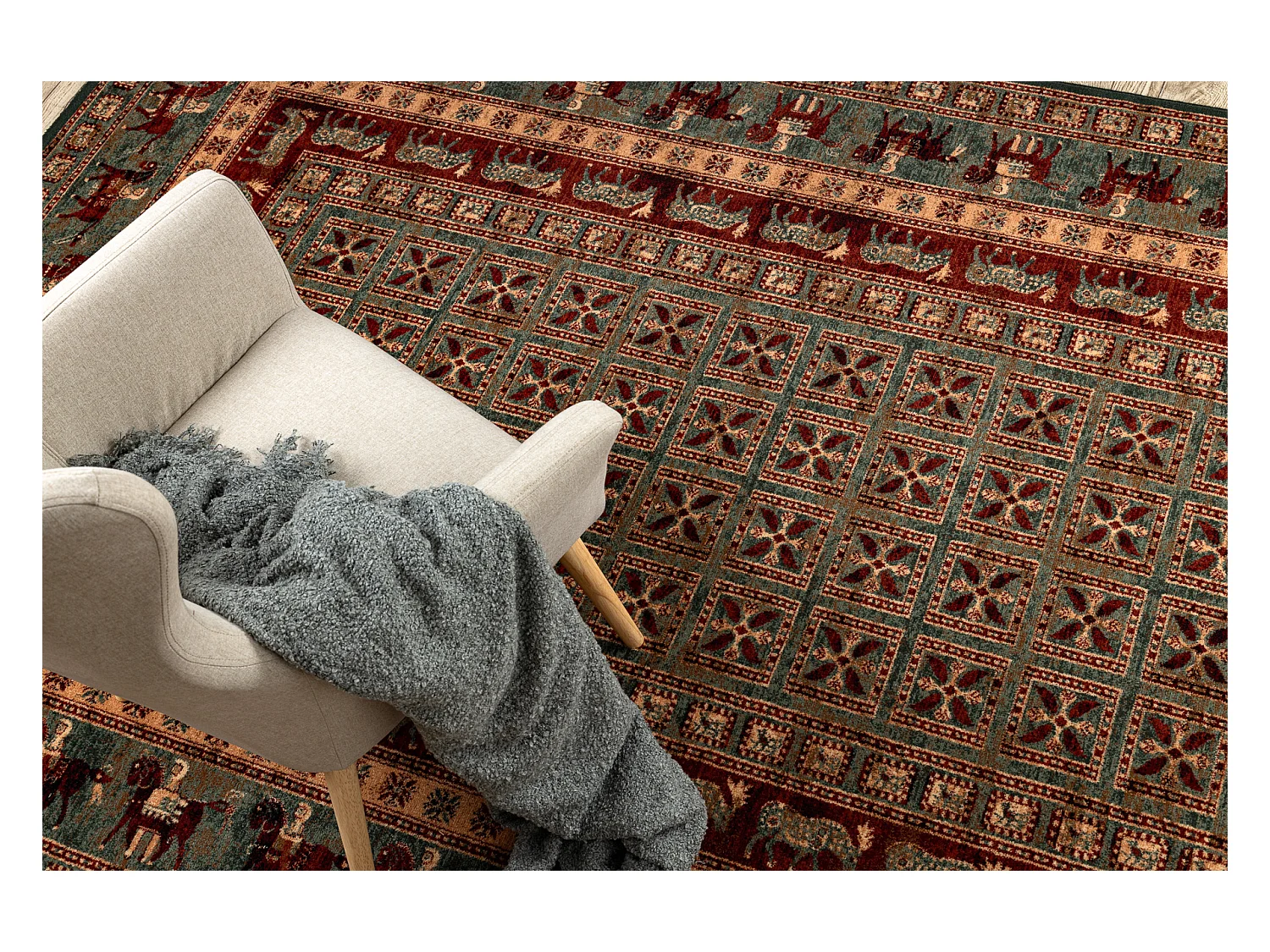 Tapis en laine KASHQAI 4301 401 oriental, cadre vert / terre cuite 200x300 cm