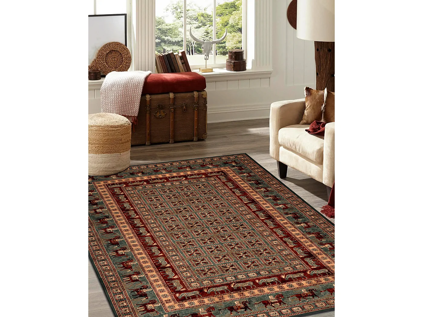 Tapis en laine KASHQAI 4301 401 oriental, cadre vert / terre cuite 160x240 cm