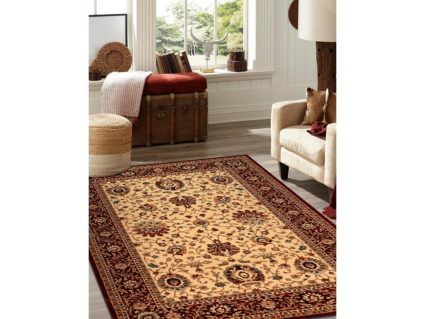 Tapis en laine KASHQAI 4303 106 Fleurs, cadre beige / bordeaux 160x240 cm