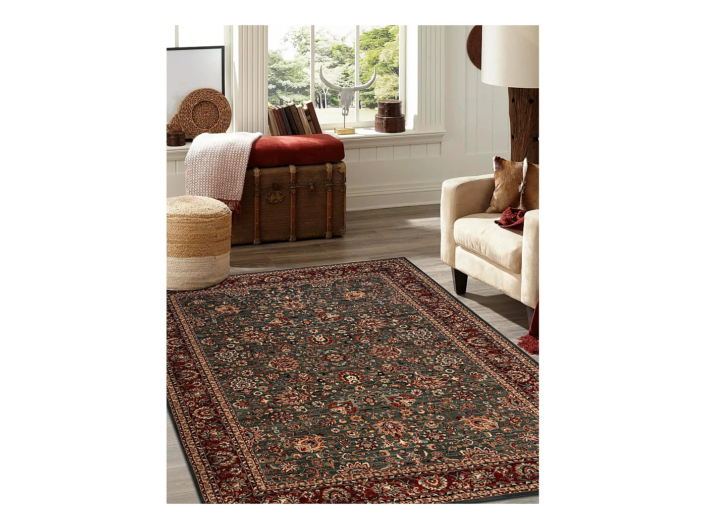 Wollen tapijt KASHQAI 4362 400 ornament groen / bordeaux rode kleur 200x300 cm