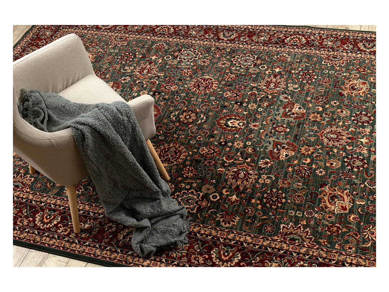 Wollen tapijt KASHQAI 4362 400 ornament groen / bordeaux rode kleur 200x300 cm