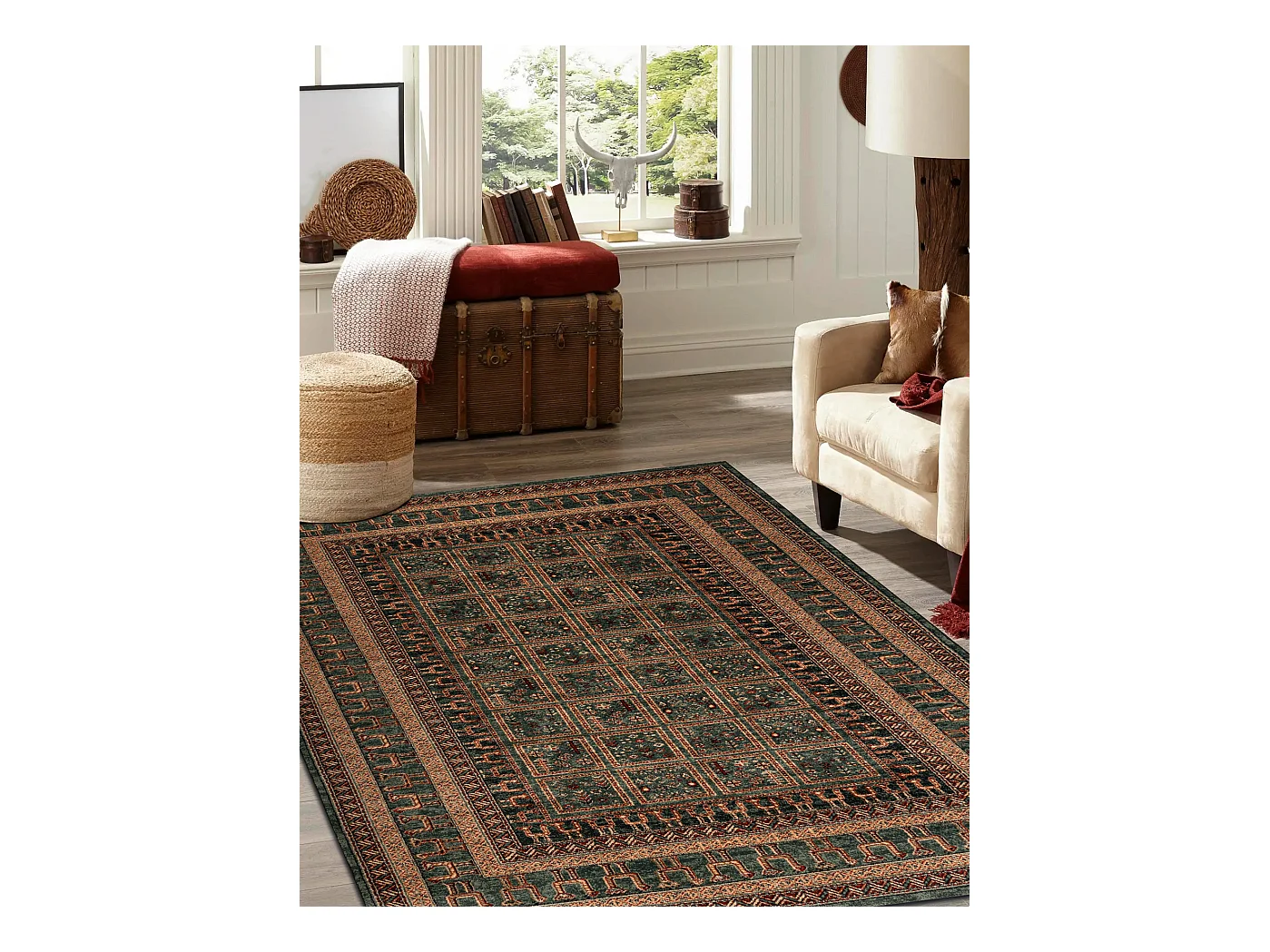 Tapis en laine KASHQAI 4349 400 oriental, cadre vert 80x160 cm