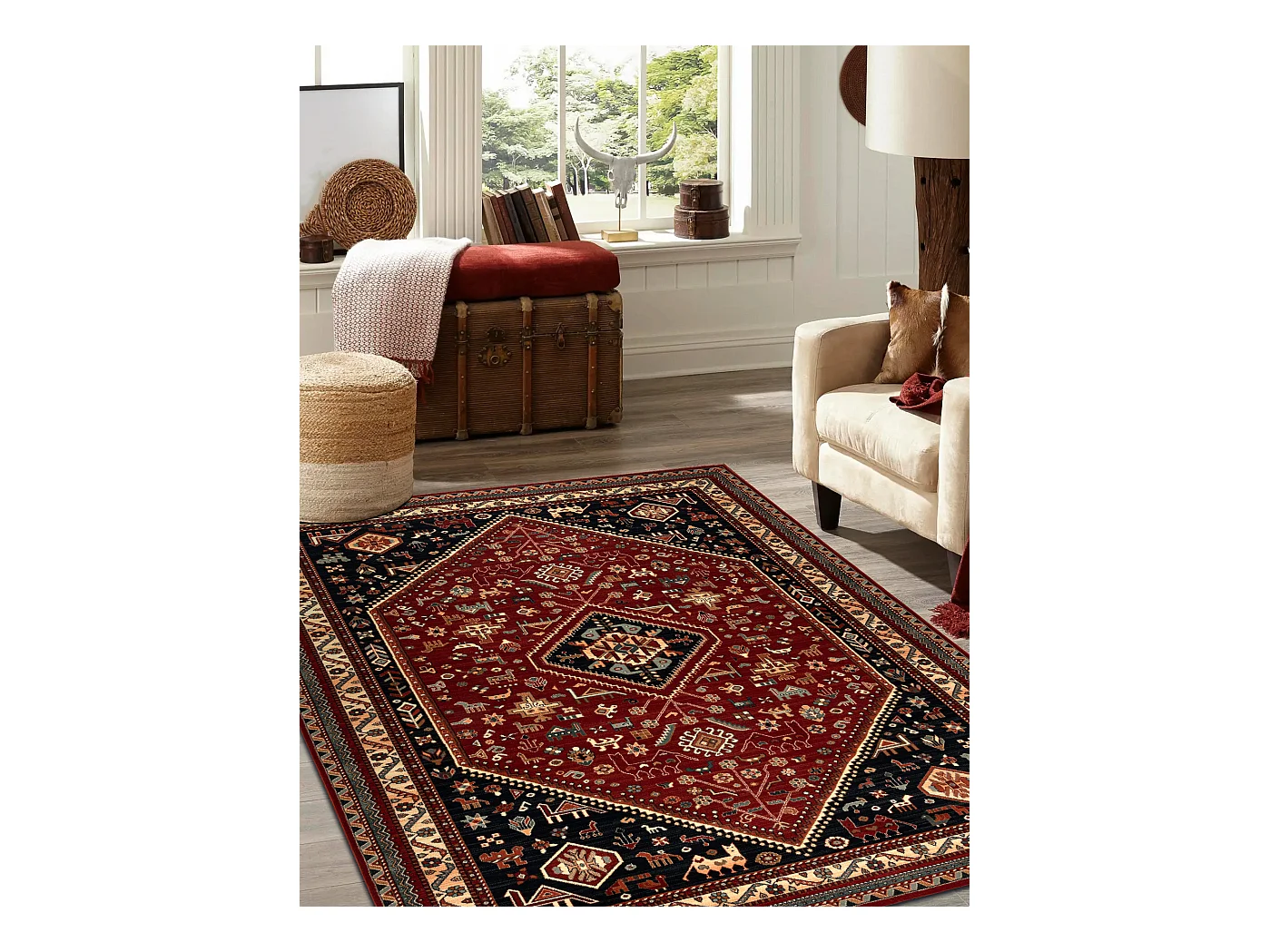 Wollen tapijt KASHQAI 4364 301 oosters, kader rode kleur / zwart 160x240 cm