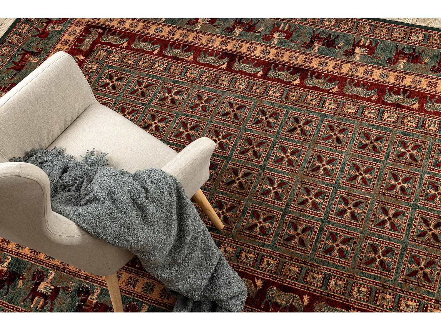 Wollteppich KASHQAI 4301 401 orientalisch, Rahmen grün / Terrakotta 80x160 cm