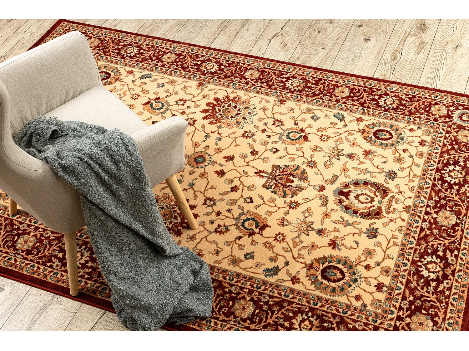 Tapis en laine KASHQAI 4303 106 Fleurs, cadre beige / bordeaux 120x170 cm