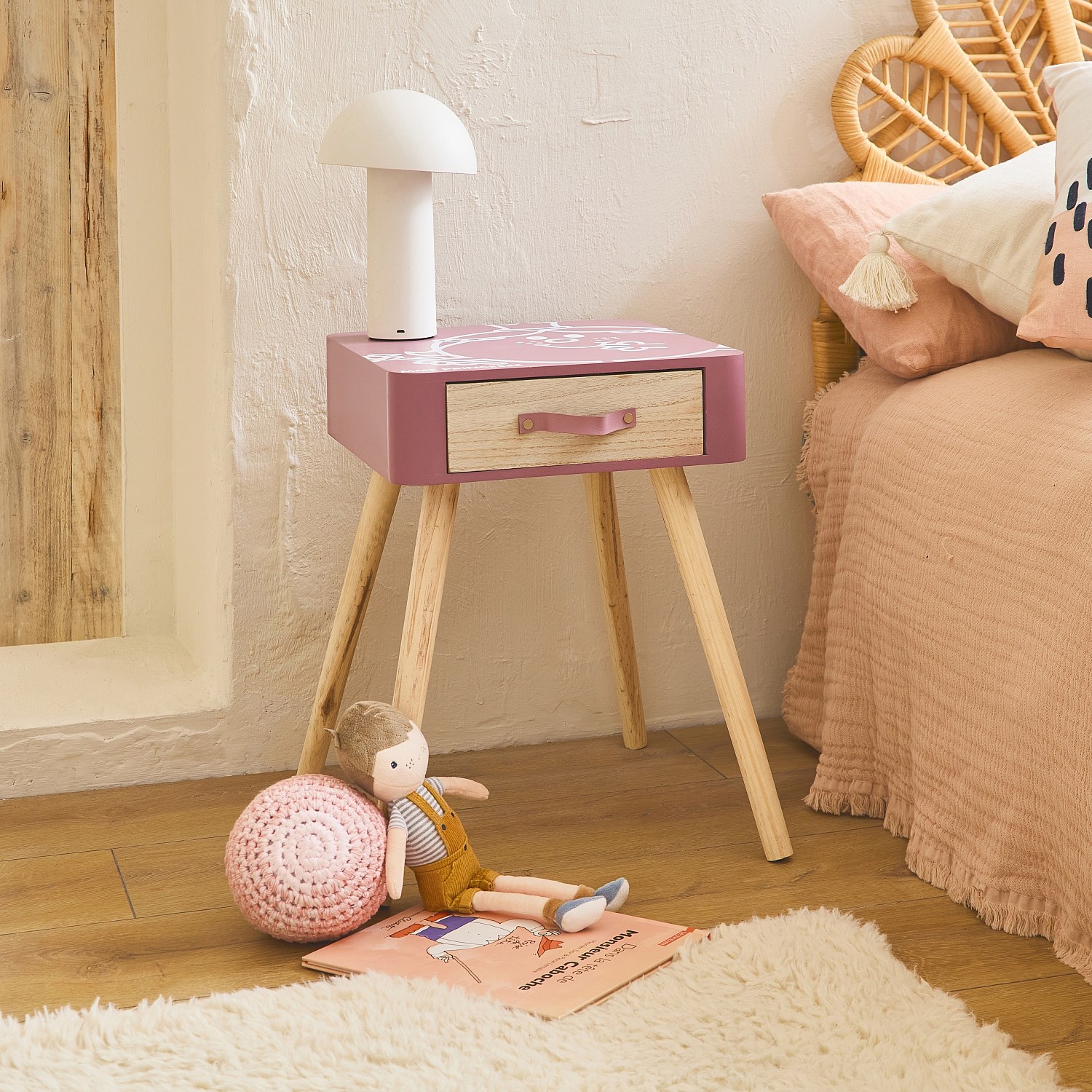 Table De Chevet Enfant Paris Prix 'Madame Princesse' - 35x35x48cm - Rose Avec Tiroir