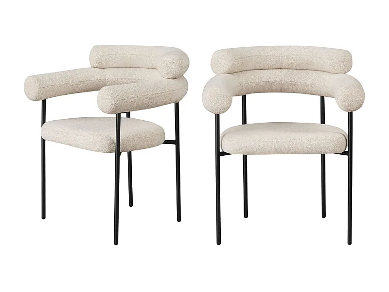 Nori - Lot de 2 fauteuils de table en tissu bouclette et métal - Écru