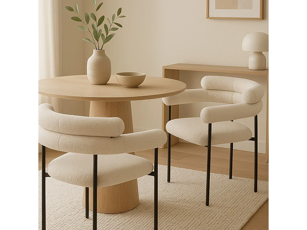 Nori - Lot de 2 fauteuils de table en tissu bouclette et métal - Écru