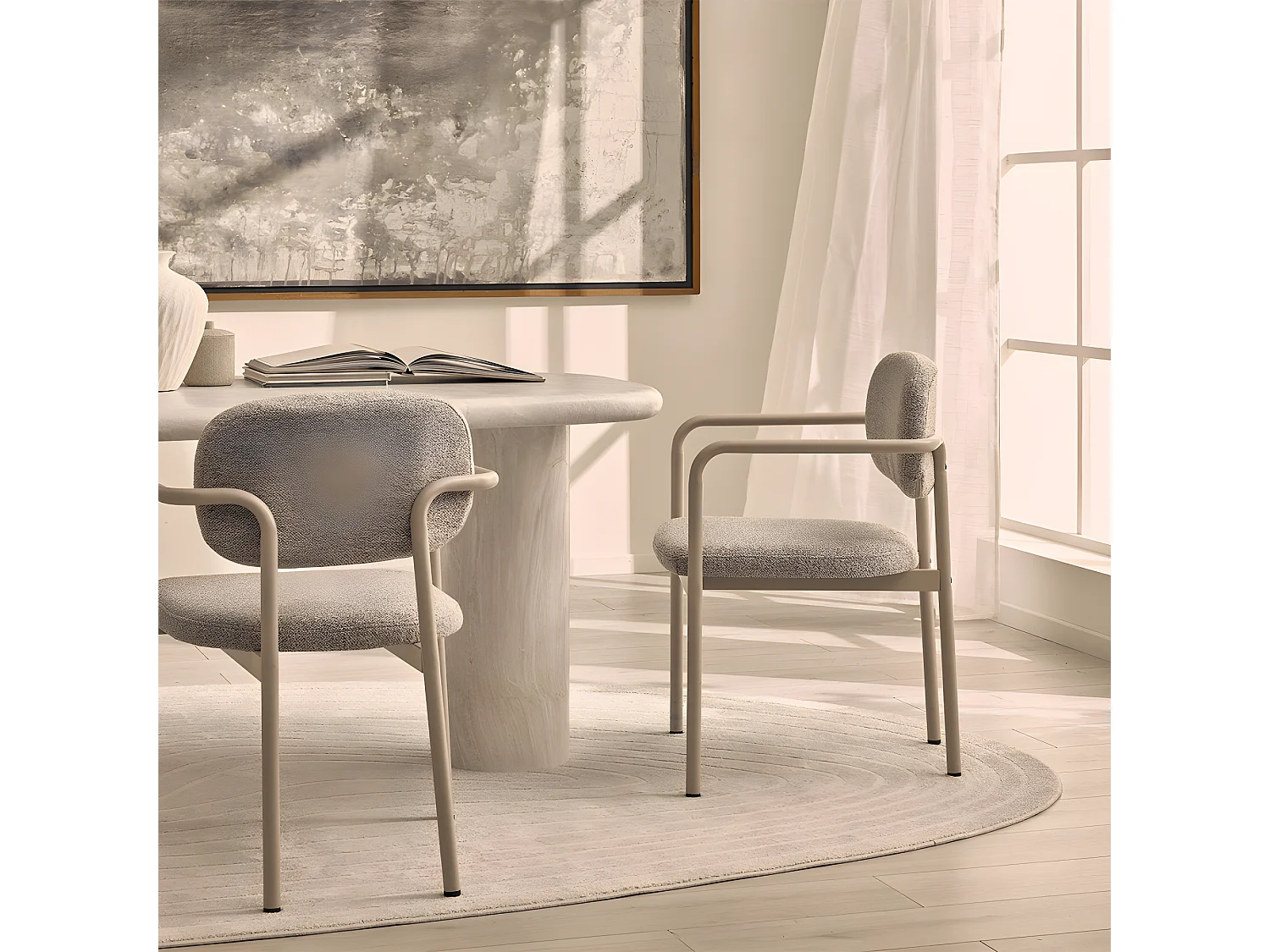 Stuart - Lot de 2 fauteuils de table en tissu bouclette pieds beiges - Beige