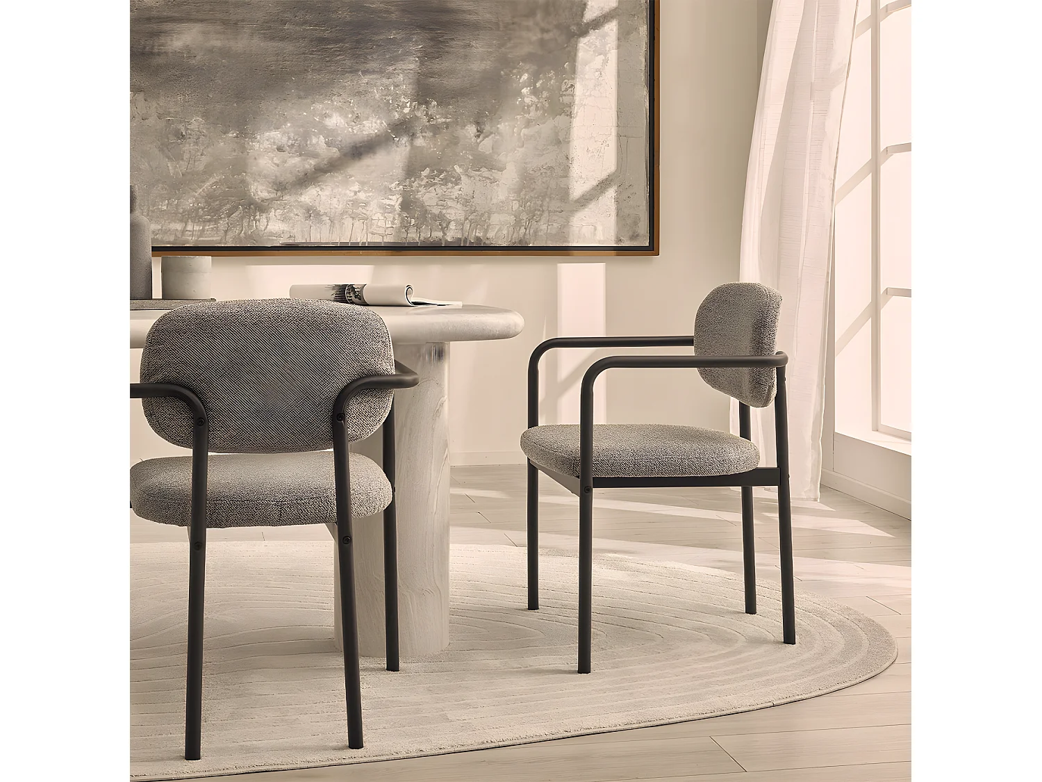 Stuart - Lot de 2 fauteuils de table en tissu bouclette et métal - Gris