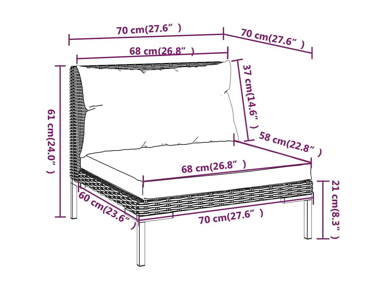4 pcs conj. lounge jardim c/ almofadões vime PE cinza-escuro
