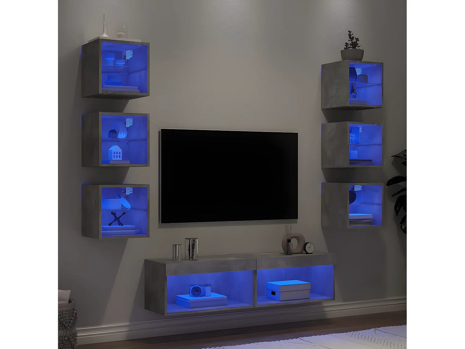 8 pcs móveis parede p/ TV c/ LEDs deriv. madeira cinza cimento PT531968