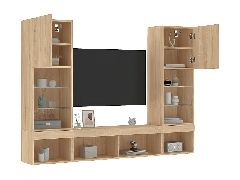 Muebles TV pared con LED 5 pzas madera ingeniería roble Sonoma ES88967