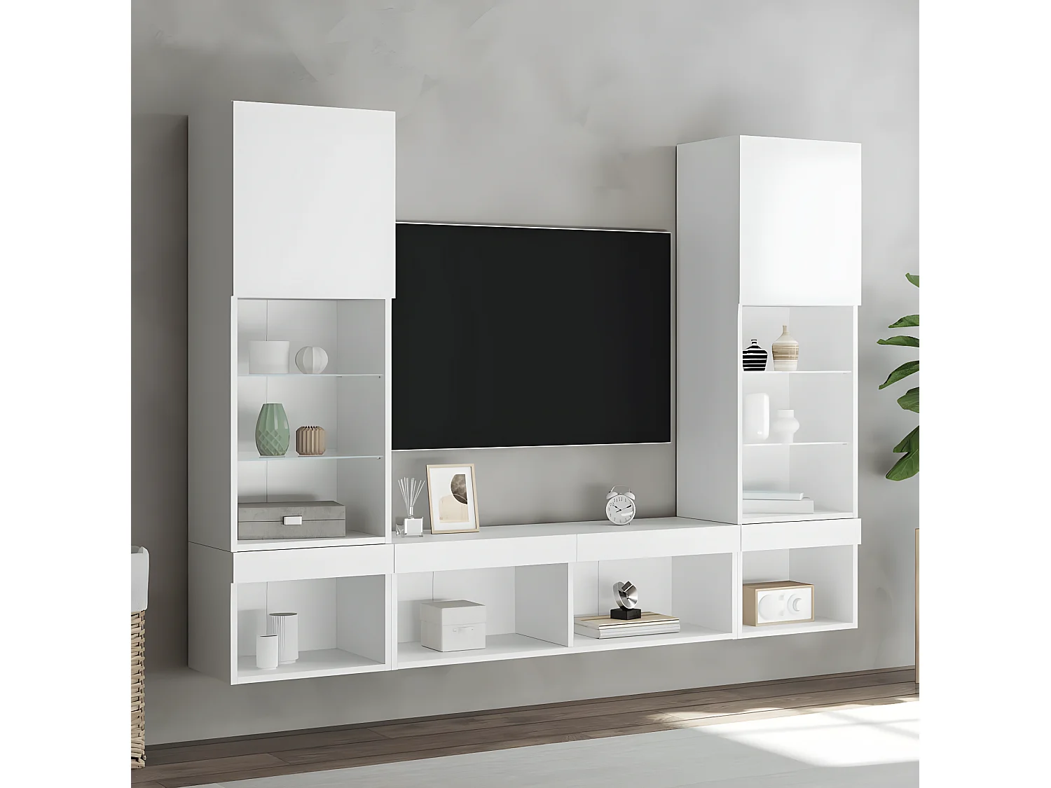 Ensemble de meuble TV avec LED 5 pcs blanc bois d'ingénierie WET4737