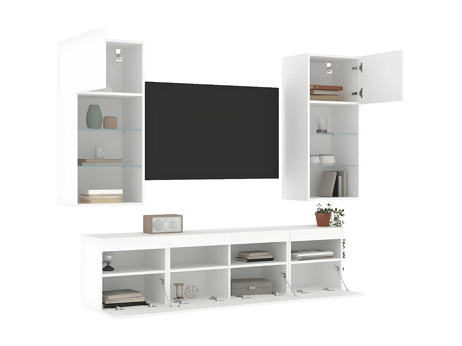 5pcs móveis de parede p/ TV c/ LEDs derivados de madeira branco PT634436