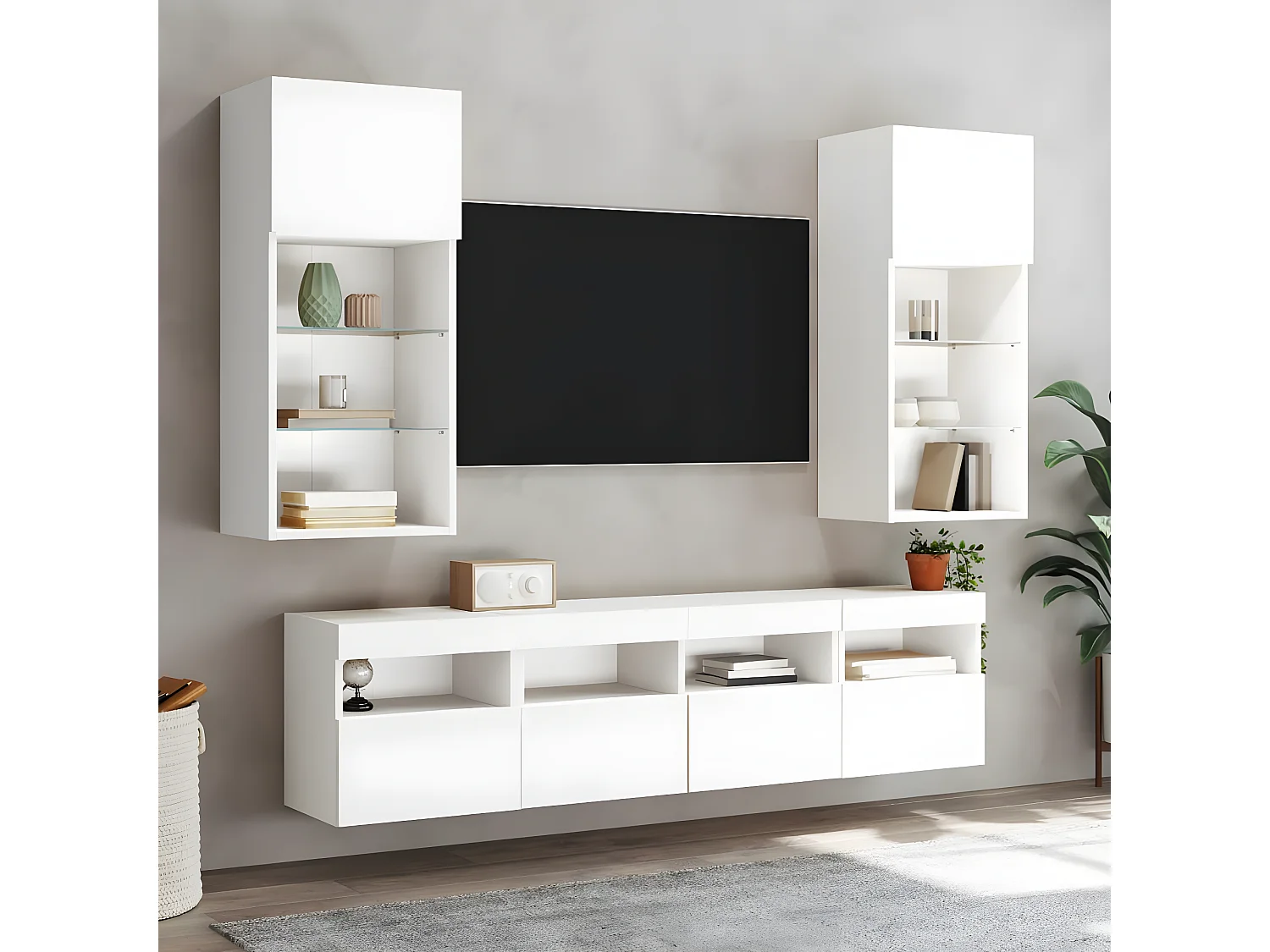 5pcs móveis de parede p/ TV c/ LEDs derivados de madeira branco PT634436