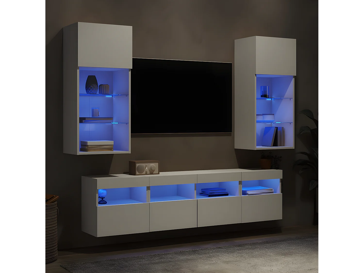 5pcs móveis de parede p/ TV c/ LEDs derivados de madeira branco PT634436