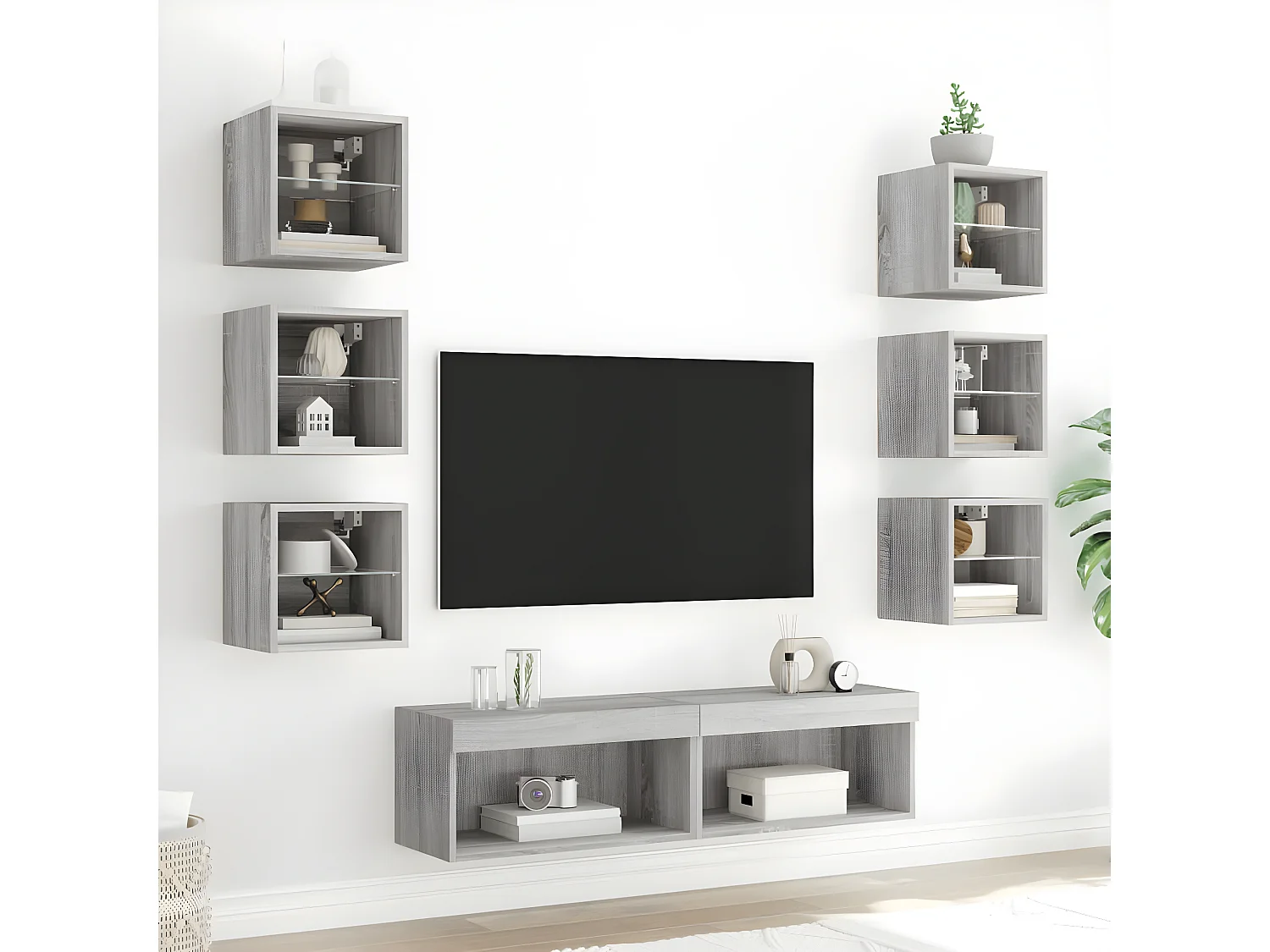 Muebles TV pared con LED 8 pzas madera ingeniería gris Sonoma ES80313