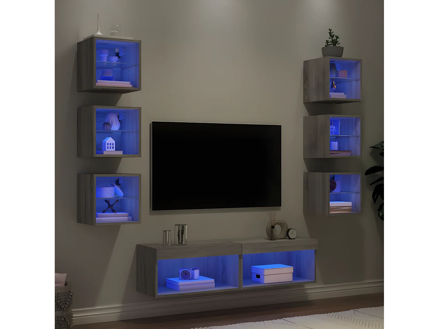 Muebles TV pared con LED 8 pzas madera ingeniería gris Sonoma ES80313