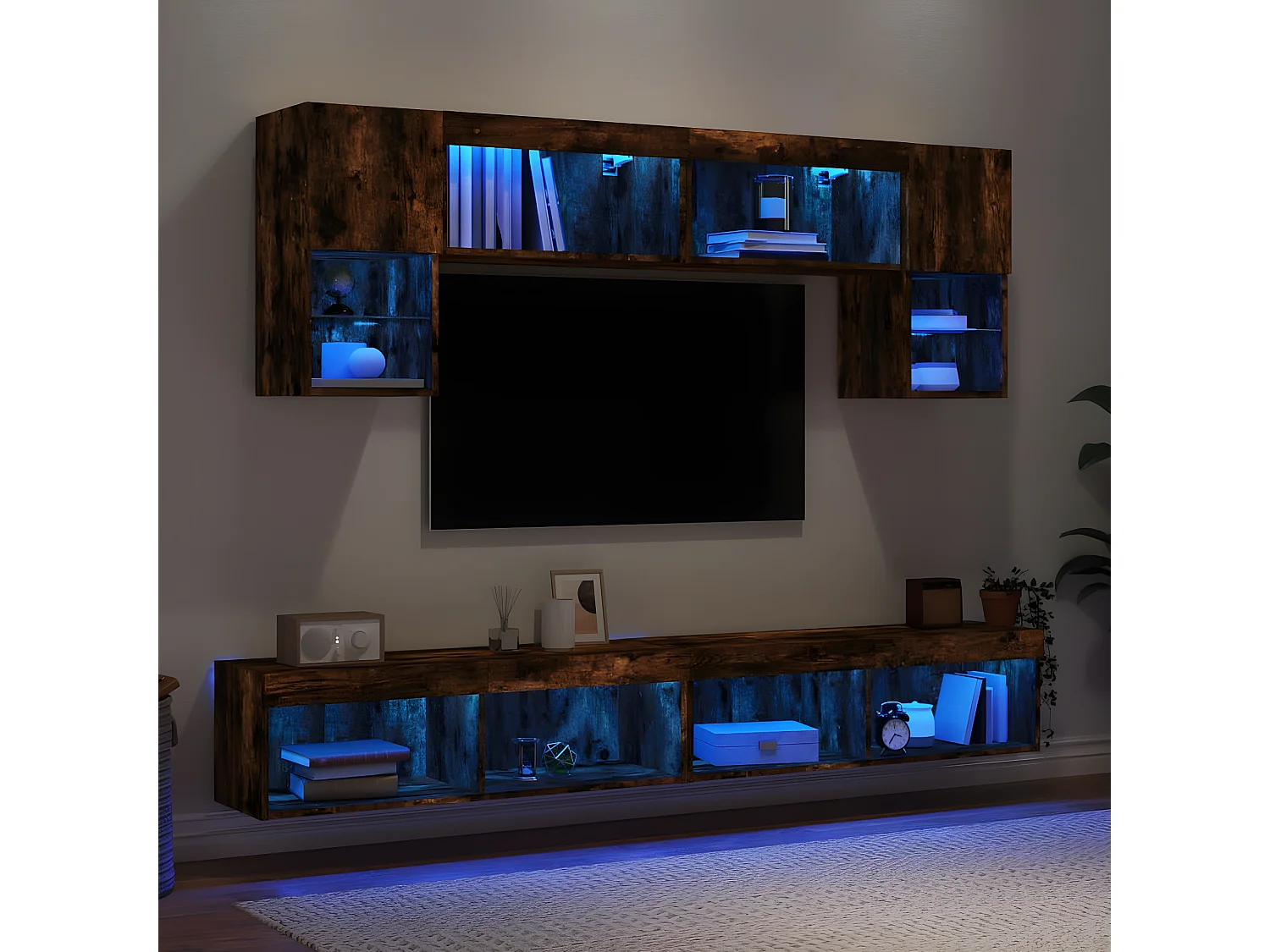 6pcs móveis parede p/ TV c/ LEDs deriv. madeira carvalho fumado PT716020