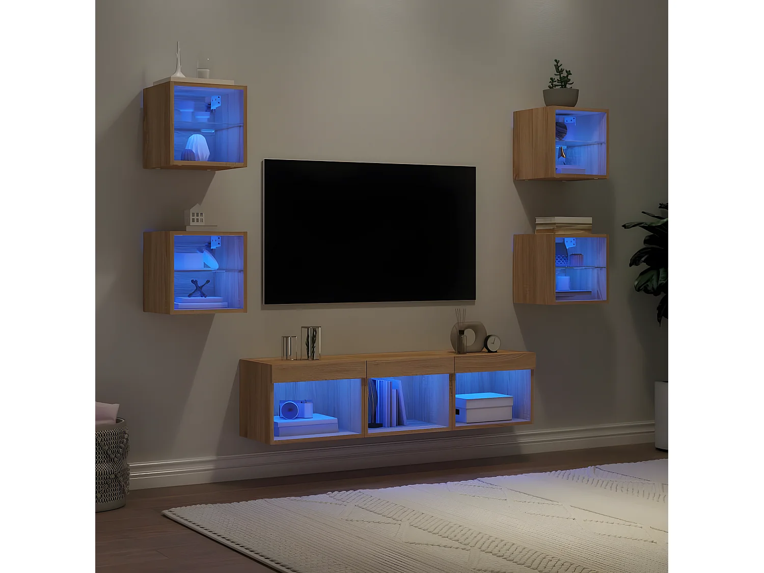 Muebles TV pared con LED 7 pzas madera ingeniería roble Sonoma ES75641