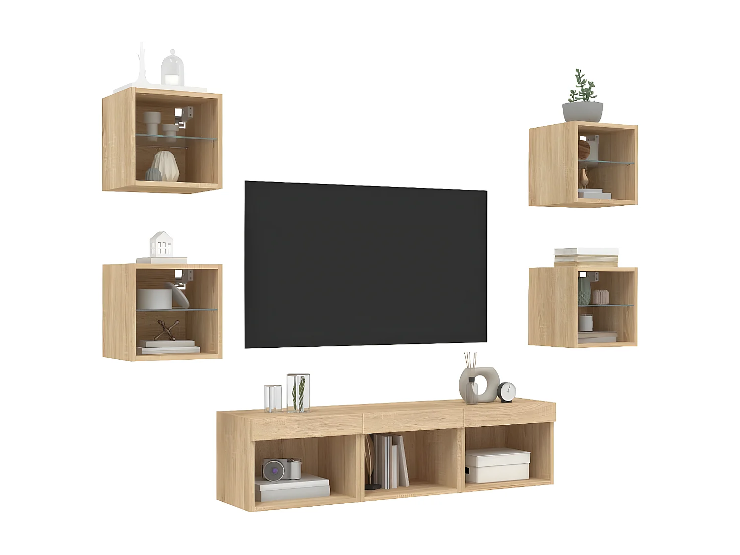 Muebles TV pared con LED 7 pzas madera ingeniería roble Sonoma ES75641