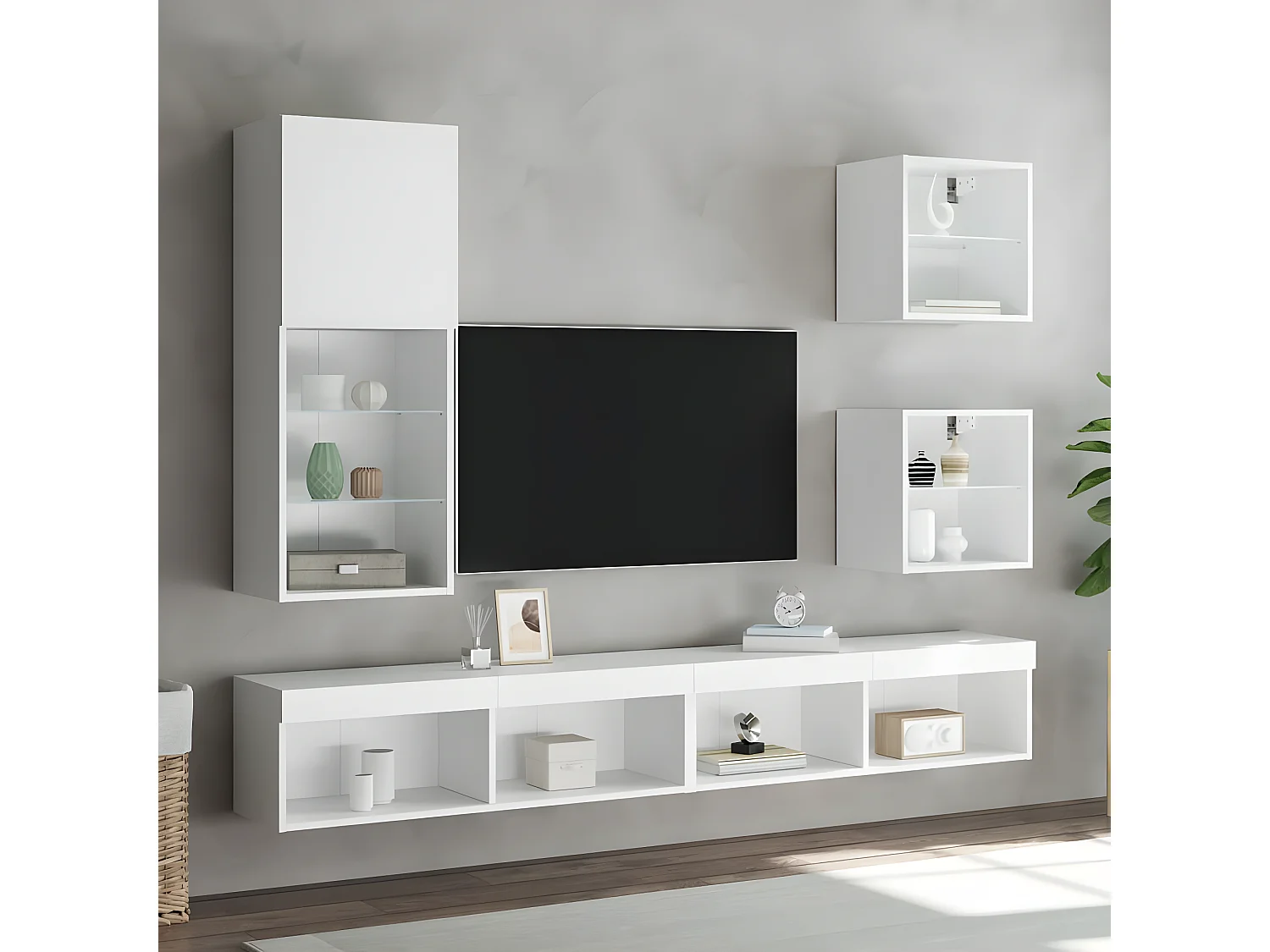 Ensemble de meuble TV avec LED 5 pcs blanc bois d'ingénierie WET1251