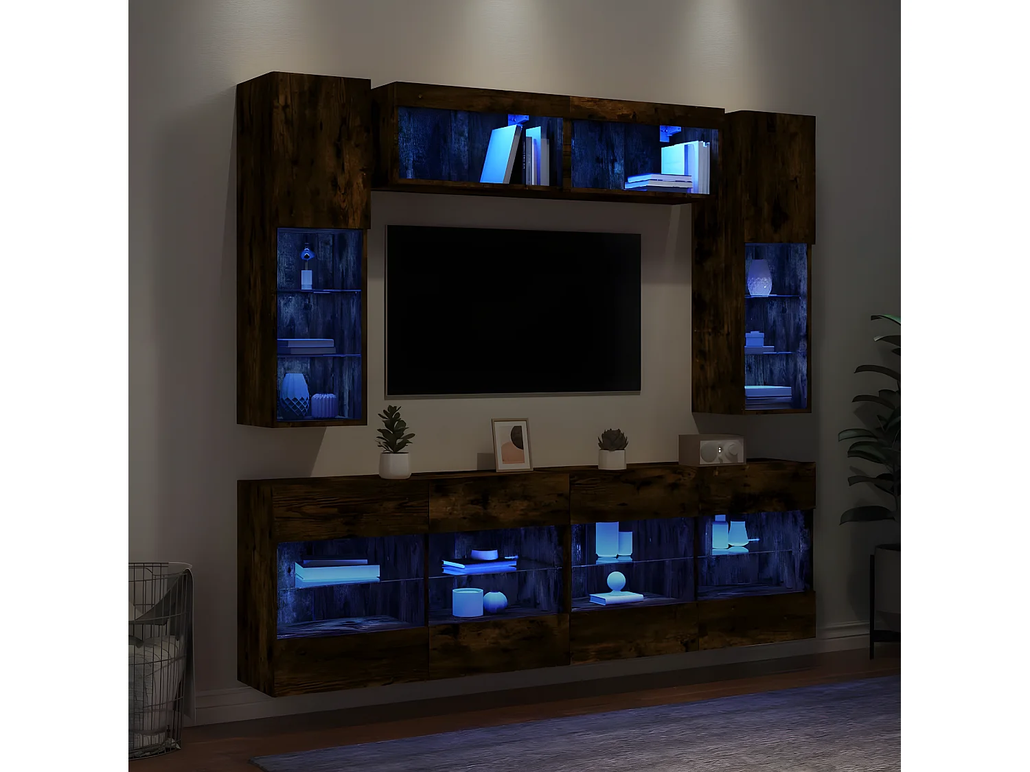 6 pcs conj. móveis de parede p/ TV c/ luzes LED carvalho fumado PT129131