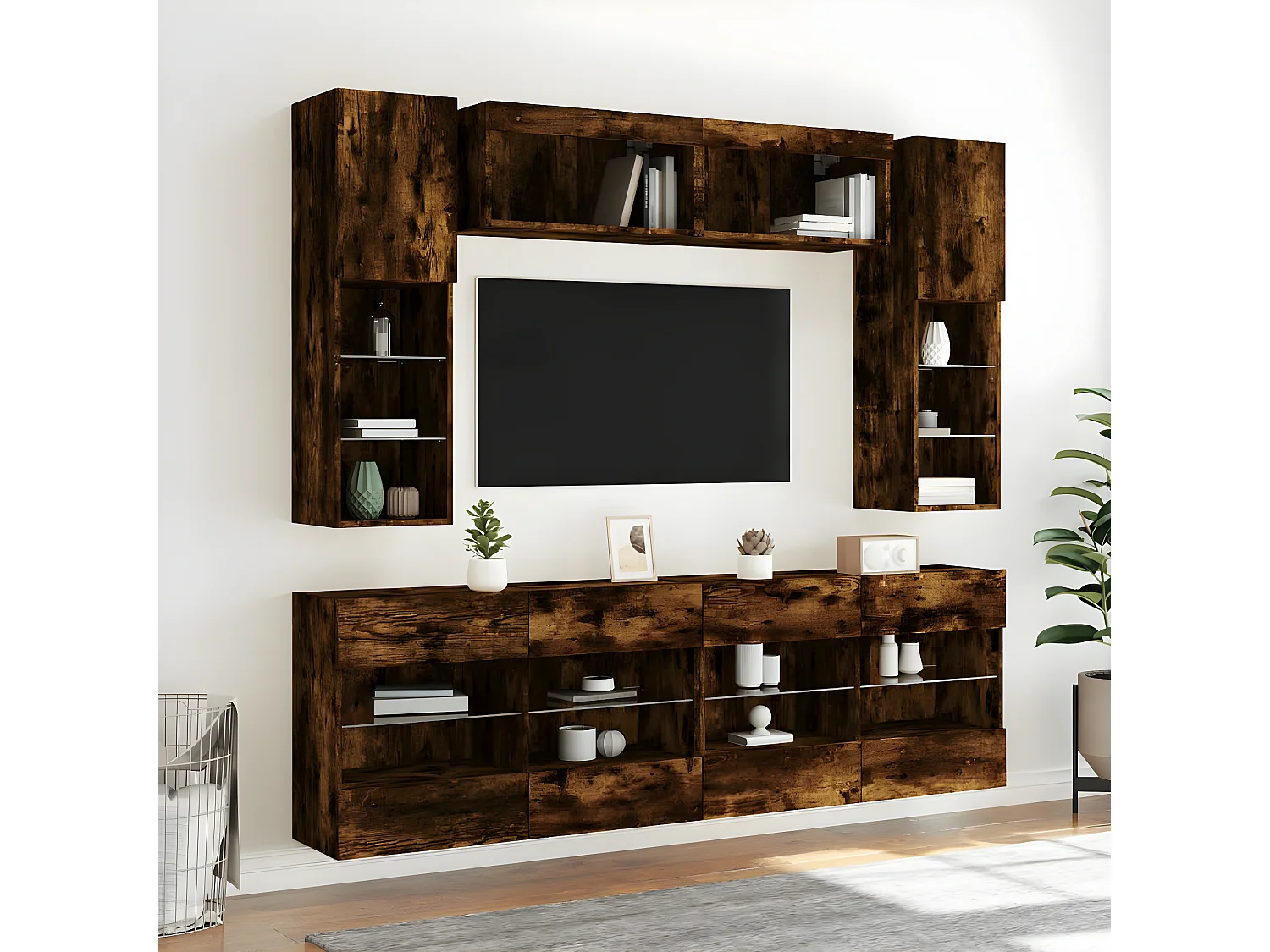 6 pcs conj. móveis de parede p/ TV c/ luzes LED carvalho fumado PT129131