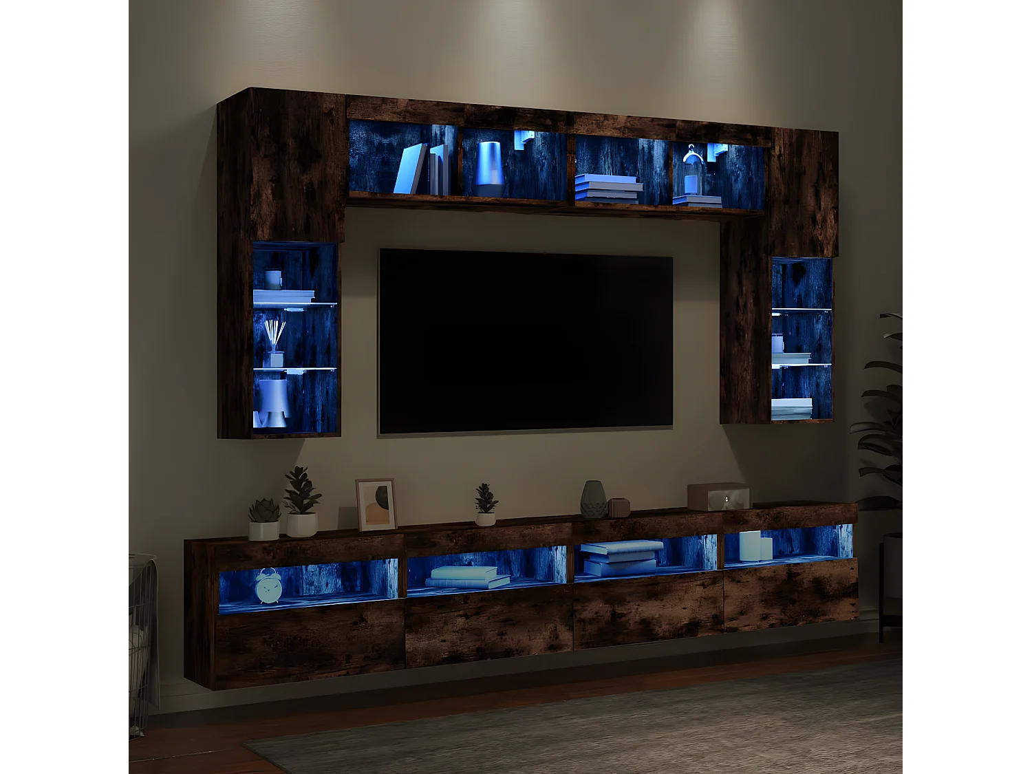 8 pcs conj. móveis de parede p/ TV c/ luzes LED carvalho fumado PT258238